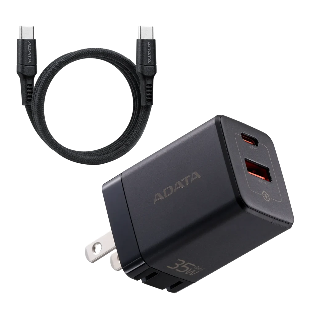 CARGADOR ADATA 35w Negro, Puerto Tipo C y USB + Cable Tipo C 1.5 Metros 100w